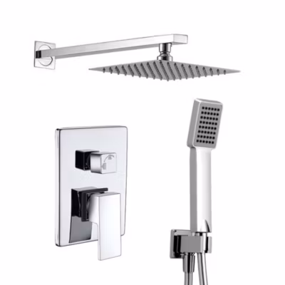 Robinet de douche encastré, douchette murale monocommande, CASI carré, finition chrome poli, en laiton Kibath