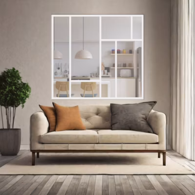 Verrière ArtDéco 7 – L x H : 150 x 125 cm – Laqué blanc 9003 granité – vitrages inclus