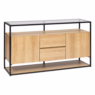 Buffet 2 portes et 2 tiroirs effet bois et verre ALDEA