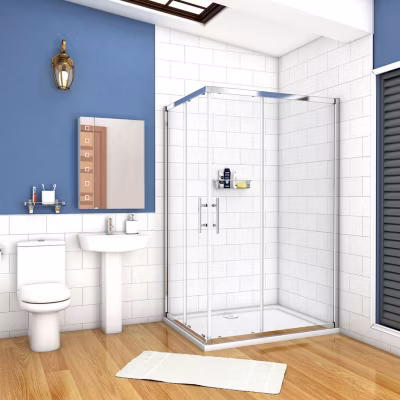 Cabine de douche coulissante – Verre anticalcaire 6 mm – Accès par angle – Poignée en acier inox chromé – 80x70x195 cm