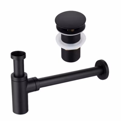 BALNEO – ensemble bonde de lavabo Klik Klak A sans trop-plein noir + siphon rond noir en laiton – kit pour lavabo