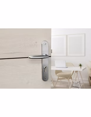 Ensemble de poignées pour porte d&rsquo;entrée Mirella2 trou de cylindre, carré 7mm, entr&rsquo;axes 195mm, chromé brillant/satiné – THIRARD
