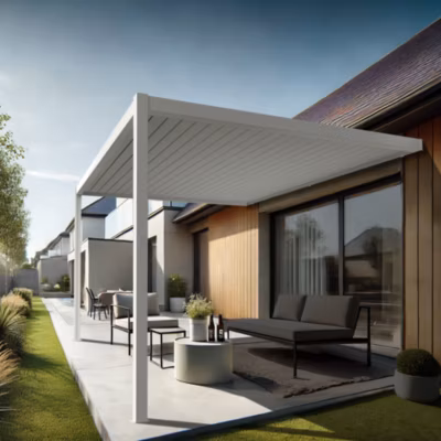 Pergola bioclimatique Xenon (Vérin à Télécommande – Blanc – 3,50 x 3,605m)