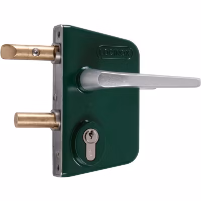 Serrure de portail en applique verte – LOCINOX – LCKX – Clé I – Axe à 30 mm – Profil 40 à 60 mm