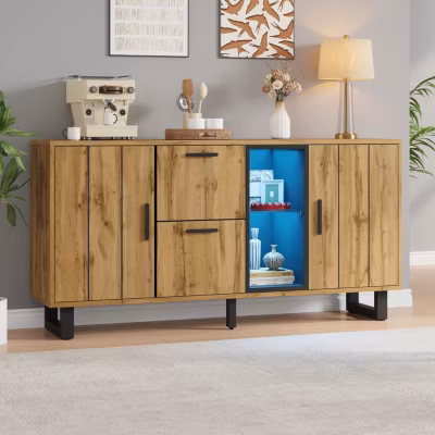 Buffet 160x40x73 cm – 2 portes et 2 tiroirs – Éclairage LED – Étagère en verre – Aspect bois – MDF – Naturel + Noir