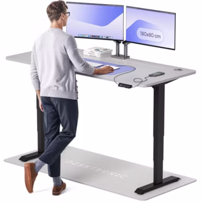 Desktronic Bureau assis debout HomePro 180x80cm – Électrique Réglable en Hauteur – Chargeur USB/USB-C – Noir/Gris
