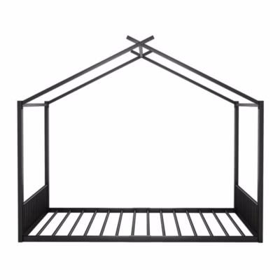 Lit Cabane Enfant 140x200cm Cadre Fer Barre Maison Noir Blackcolors
