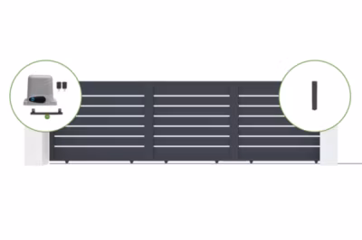 Portail coulissant 5M VOGEL H140cm alu + 2 poteaux gris + moteur RANGER C300