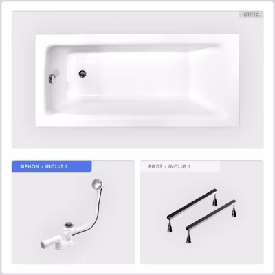 Baignoire rectangulaire – 140 x 70 cm – sans Habillage – avec Pieds – Vidage Chrome – TALIA