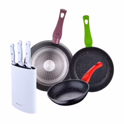 Ensemble de 3 poeles San Ignacio Jolie 18-22-26cm avec bloc a couteaux