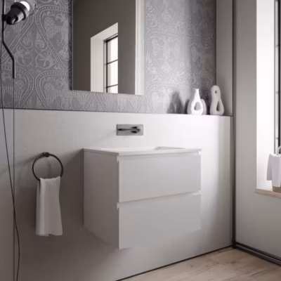 Meuble vasque suspendu MDF Blanc mat, lavabo fonte Blanc mat sans trou robinet – 60x46x50cm – AVA BRUXELLES