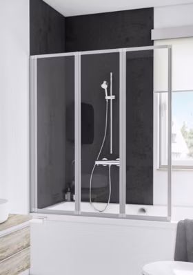 Pare-baignoire Schulte – 127×120 cm – réversible – rabattable – volet pivotant – verre 3 mm – transparent – blanc