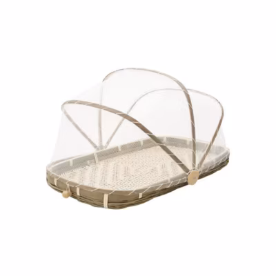 Plateau en bambou avec cloche en filet synthétique Longueur 45cm