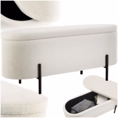Banc LANJA rembourré, en tissu bouclé et avec espace de rangement en tissu bouclé