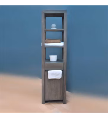 Colonne de rangement salle de bain en bois teck gris vieilli