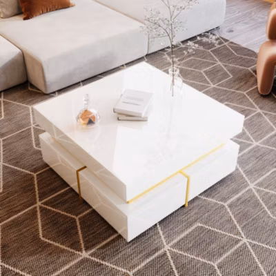 Table Basse avec Rangement et Accents Dorés, design Haut Brillant en Panneau de Particules, Dimensions 70 x 35,5 x 70 cm – Blanc