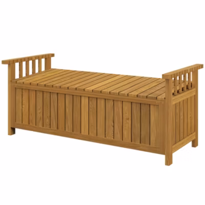 Banc de jardin avec coffre de rangement 186L – accoudoirs – dim. 128 x 56 x 53 cm – habillage PVC bois de sapin pré-huilé