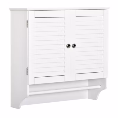 Armoire haute murale salle de bain ou WC – placard 2 portes persiennes avec étagère – porte-serviette – MDF blanc
