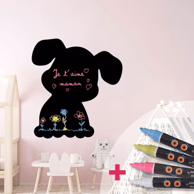 Sticker ardoise tableau noir – stickers muraux adhésif effaçable – CHIOT + 4 CRAIES LIQUIDES – 115x105cm