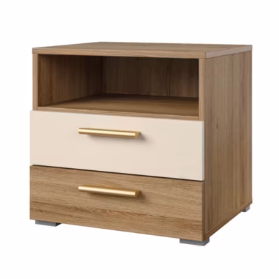 Table de chevet VERTIGO  2 tiroirs et 1 niche  Chene sauvage et beige sable  Poignées dorées