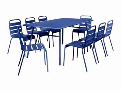 Salle à manger de jardin en métal – une table L.200 cm et 8 chaises empilables – Bleu nuit – MIRMANDE de MYLIA