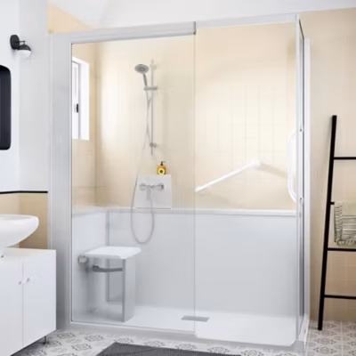 Cabine de douche Kinedo Kinemagic Sérénité 120×80 habillage toute hauteur 1 coulissant verre transparent avec mitigeur