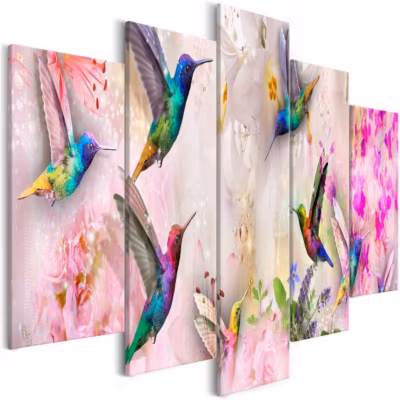 Tableau Colourful Hummingbirds 5 Pièces Wide Pink 100×50 cm