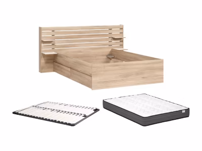 Lit 140 x 190/200 cm avec 4 tiroirs – Coloris : Naturel + Sommier + Matelas – TENALIA II