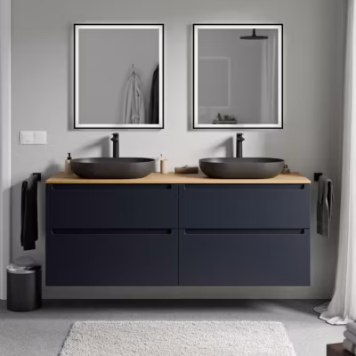 Meuble sous vasque suspendu MDF Bleu nuit mat, plan vasque Chêne miel, tiroirs pivotants – 160x46x62cm – VIREO