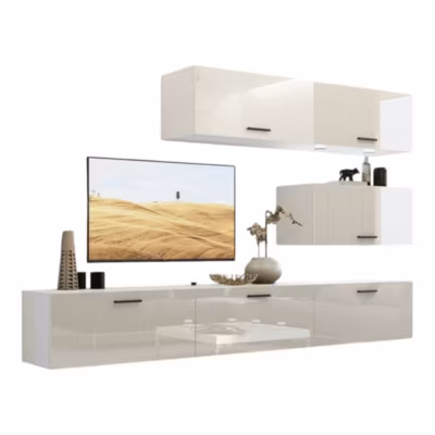Ensemble de meubles de salon blanc suspendus collection CEPTO XXV. 249cm, 6 meubles, leds, modulables.