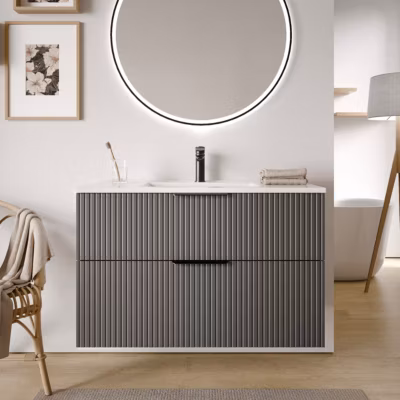 Meuble vasque Anthracite mat strié de salle de bain 100x46x62cm (LxPxH) + vasque céramique, Poignées Noir mat – TIM100