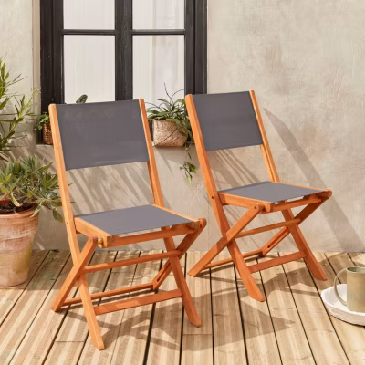 Chaises de jardin en bois et textilène – Almeria Gris anthracite – 2 chaises pliantes en bois d&rsquo;Eucalyptus huilé et textilène
