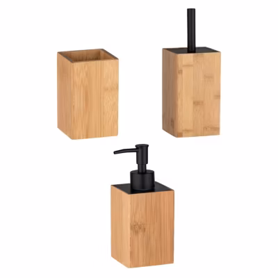 Accessoires salle de bain en bambou brosse WC, distributeur savon et gobelet PADUA