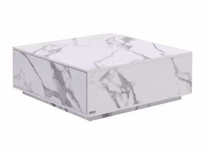 Table basse avec 2 tiroirs en MDF – L90 cm – Effet marbre blanc – ANTRIM