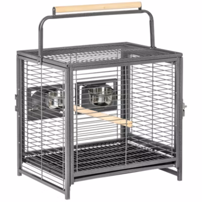 Cage de transport oiseau – cage de transport pour perroquet – porte, 2 trappes de nourrissage – acier gris moucheté