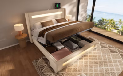 Canape lit 160×200 cm avec coffre hydraulique LED multicolore et ports USB Type C en lin beige