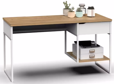 Bureau, table de travail en aggloméré finition chêne avec pieds en métal blanc – Longueur 137.5 x Profondeur 58 x Hauteur 76 cm