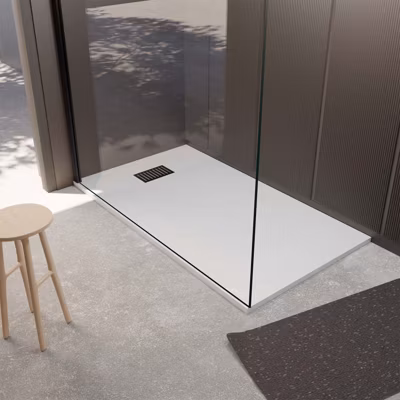 Receveur de douche Blanc Effet Pierre 90×140 cm et Grille décor Linéaire Noire Mate