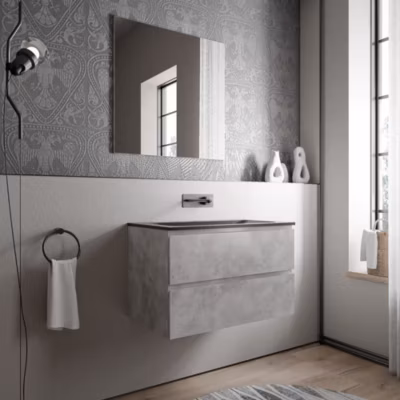 Meuble vasque suspendu MDF aspect béton, lavabo fonte Noir mat sans trou robinet – 80x46x50cm – AVA BRUXELLES