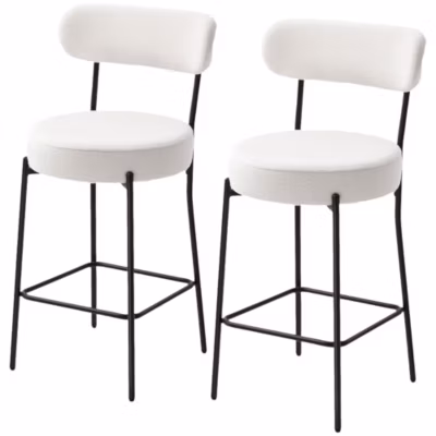 Lot de 2 tabourets de bar en tissu bouclé assise H.68 cm – lot de 2 chaises de bar – acier noir blanc cassé