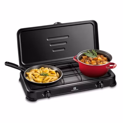 Réchaud gaz portable 2 feux 2600W Noir Couvercle Plaque de cuisson KEMPER