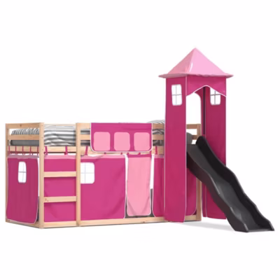 Cadre de lit, Lit superposé sans matelas avec toboggan et rideaux 90×200 cm