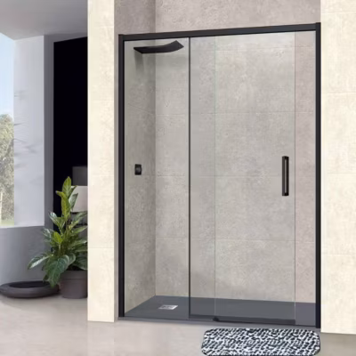 Paroi de douche porte coulissante DROITE en verre ép 6mm L172/176xH195 cm – profilé noir mat – SUPERBAN Vézannes 2P