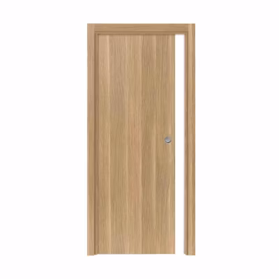 Porte coulissante cloison Matild 63 cm avec cuvette ronde chromée, finition chêne brut structuré