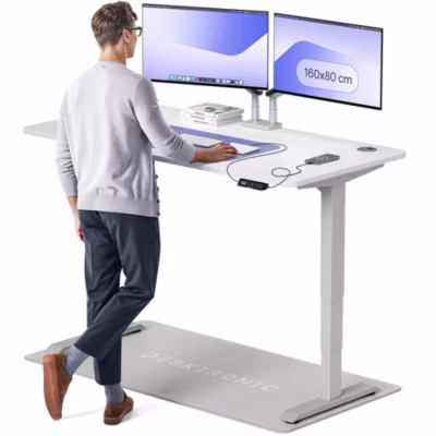 Desktronic Bureau assis debout HomePro 160x80cm – Électrique Réglable en Hauteur – Chargeur USB/USB-C – Gris/Blanc