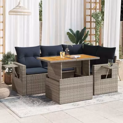 Salon de jardin vidaXL 5 pièces résine tressée gris avec rangement