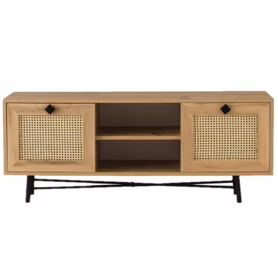 Meuble TV 2 niches de rangement et 2 portes abattantes en cannage