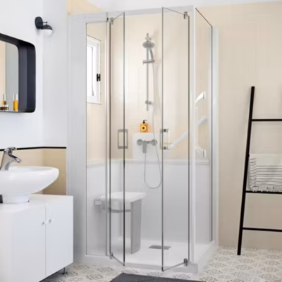 Cabine de douche Kinedo Kinemagic Sérénité 120×80 angle basse pivotante verre transparent avec mitigeur