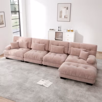 Canapé d&rsquo;angle modulable 4 places en chenille rose avec ottoman mobile et accoudoirs ergonomiques