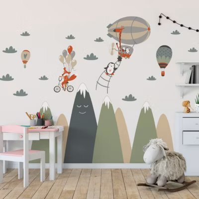 Stickers enfant montagnes scandinaves animaux acrobates 50 x 75 cm